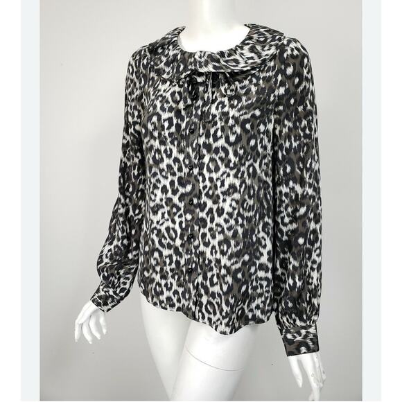 kate spade Tops - KATE SPADE White Gray Black Cheetah Print Silk Ruffled Tie Neck Button Shirt 4